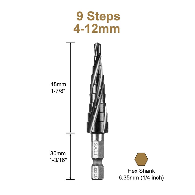 SALI M35 Hss Step Drill [Φ4-12mm,9 Step] Four Spiral Flute