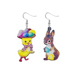 Colorful Easter Bunny Rabbit Eggs Wooden Earrings,Cute Dissymmetry Chicken Rabbit Dangle Earrings Easter Jewelry for Women (Rabbit Chick)