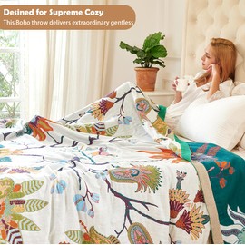 VANJOROY Boho Throw Blanket, 100% Organic Cotton Breathable Ultra Soft Bed Quilt Throw - All Season Floral Bird Butterfly Farmhouse Decor Blanket for Sofa Couch Chair and Gift. 60" x 80"