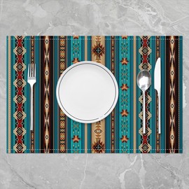 Aztec Placemats, Ethnic Tribal Arrow Place Mats, Retro Southwestern Native Bohemian Heat Resisting Placemats 12x18 Set of 4, Western Star Geometric Table Mats for Dining Patio Table, Teal Blue Brown
