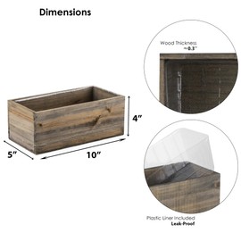 CYS EXCEL Small Natural Brown Wood Rectangle Planter with Removable Plastic Liner (H:4" Open:10"x5") Country Rustic Indoor Decorative Box for Flower Succulent