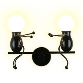 SOUTHPO LED Wall Light Fixtures Creative Double Little People Mini Wall Sconces Lighting Modern Decor Adjustable Swing Metal Bedside Lamp Children Cartoon Doll Gift Wall Lamps Bedroom 2×E26 Black