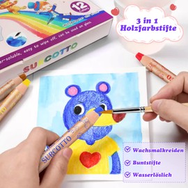 Surcotto 3-in-1 Children's Colouring Pencils - Water Soluble - Pack of 12 with 1 Sharpener & 1 Brush, Thick Wooden Wax Chalks/Watercolour Wax Crayons, Colouring Pens for Toddlers, Girls, Boys,