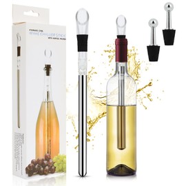 Diehous 2pcs Vinoamigo Wine Chiller Set & Chill Rods, Wine Cooling Stick, Decanting Aerator & Drip-Free Pourer, Stainless Steel, Black, Cylindrical Chiller for Wine Lovers