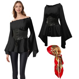 rumnigh Women's Pirate Costumes Blouse Top Corset Waist Belt, Renaissance Medieval Top Costume, Off Shoulder Pirate Shirt (Black, Small)