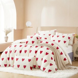 Covebett Flannel Bed Linen 155 x 220 cm White with Red Hearts Winter Warm Plush Flannelette Winter Bed Linen Cashmere Touch Coral Fleece Fluffy Duvet Cover with Zip and 1 Pillowcase 80 x 80 cm