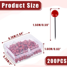 200 x Red Push Pins, Round Head Pins, Push Pins with Head, World Map Pin Board, Small Red Card Thumb Pins, Pins for Pin Board, Push Pins, for World Map, Fabric Marking
