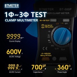 BTMETER Digital Clamp Meter TRMS 9999 Counts Inrush Multimeter Auto Rang Ammeter Voltmeter Continuity Tester Measure AC DC Volt Amp Ohm Diode Temp Power Factor Phase Angle Rotation (BT-580P)