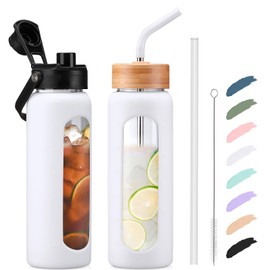 Kodrine 24oz Glass Water Bottle with Straw and 2 Lids-Bamboo Straw and Spout Lid with Carry Handle, Borosilicate Glass Drinking Bottle with Silicone Sleeve and Time Marker For Sports Travel, White