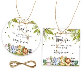 50pcs Jungle Safari Thank You Tags, Wild Animals Gift Tag with String for Baby Shower Party, Round Thank You Paper Tags for Birthday/Engagement/Baby Shower Party Favor