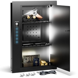 Grimtron Quick Access Wall Gun Safe with Removable Pegboard & Shelfs, Flat Hidden Wall Safes Between The Studs 16" Centers, Black Wall Mount Safe for Handgun, Clips, Valuables