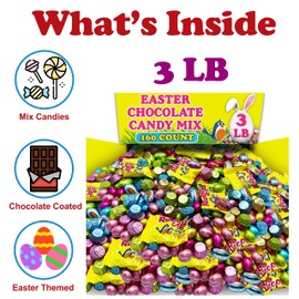 Bulk Easter Chocolate Candy Mix, 3 Lbs Assorted Variety of Individually Wrapped Milk Chocolate, Pastel Colored Easter Candy Bulk, Chocolate Eggs, Spring Peanut Butter Cups, For Egg Hunts, Basket Fillers