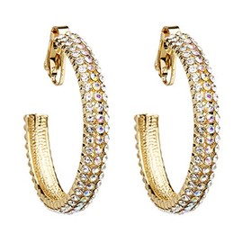 Clip On Earrings - Gold Plated Hoops With Gold And Clear Crystals - Bera