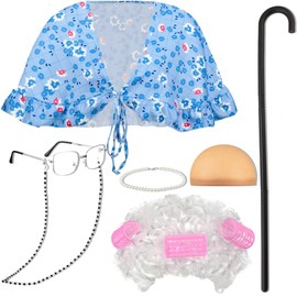 Berlune 7 Pcs 100th Day of School Old Lady Costume Shawl Granny Wig Crutch Necklace(White, Light Blue Floral,Hair Style)