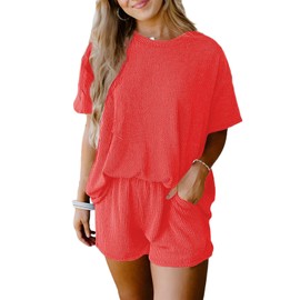 SHEWIN Two Piece Sets for Women Casual Ribbed Short Sleeve Shirts High Waisted Shorts Lounge Matching Set Summer Outfits for Women 2025, Orange, S