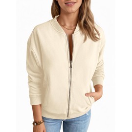 Fisoew Womens Zip Up Long Sleeve Sweatshirt Jacket Casual Loose Coats With Pockets Beige