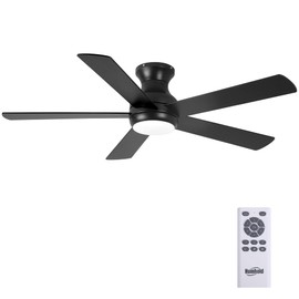 HUMHOLD 52" Flush Mount Ceiling Fans with Lights and Remote Control, Brushed Nickel, 6 Speeds Reversible DC Motor, 5 Blades Low Profile Ceiling Fans LED Light for Bedroom/Living Room (Black)