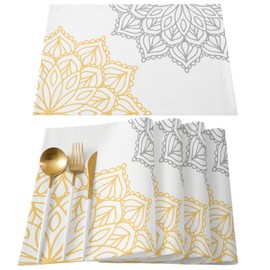 Elegant Dahlia Flowers Yellow Grey Placemats Set of 6, Cotton Linen Heat Resistant Table Mats Non-Slip Washable Placemat for Holiday Banquet Dining Kitchen Table Decor
