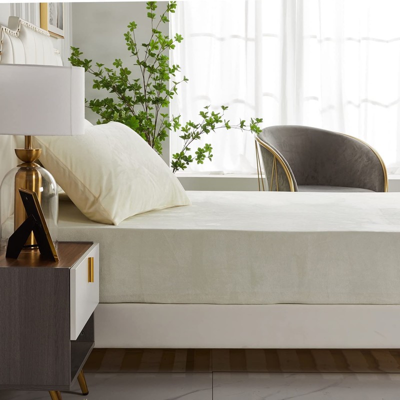 Cream Crystal Velvet Fitted Sheet Queen Only with 16" Elastic