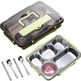 GOVNPJ Stainless Steel Bento Box Set of 2-5 Compartment Metal Lunch Box with Cutlery - Leakproof Food Container for Office Gym & Picnics