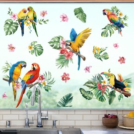 decalmile Tropical Parrots on Branch Window Clings Birds Flowers Palm Leaves Window Decals Anti-Collision Glass Window Doors Window Stickers
