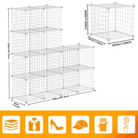 HUBSON Wire Cube Storage Organizer, Book/Toy/Craft/Potted Plants and petCloset Organizers and Storage Shelves，12-Cube Freely Combinable Metal Grids Storage Shelf, White Iron