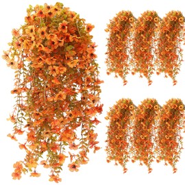 FineCheer 6 Pcs Artificial Fall Hanging Flowers Outdoor Silk Mum Plants Autumn Decor Faux Violet with Eucalyptus Realistic UV Resistant Trailing Vine Thanksgiving Porch Yard(Warm Color,Violet)