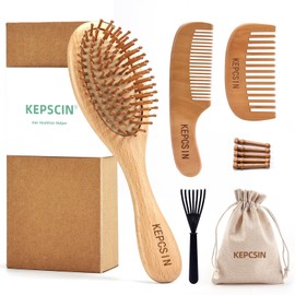KEPCSIN Wooden Hair Brush and Mini Wood Comb Set, All One Solid Piece, Natural Portable Wood Bristle Hairbrush and Small Travel Styling Comb for Women Men and Kids Hair Detangling Smoothing Massaging