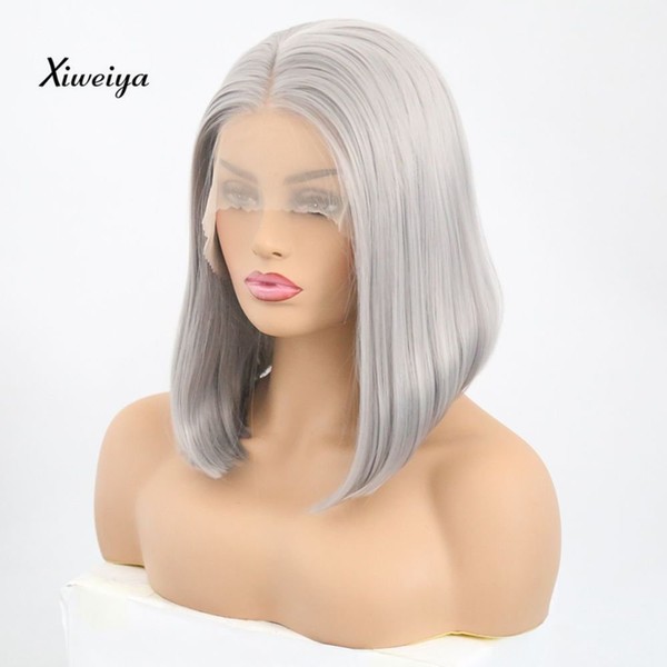 Xiweiya Silver Grey Short Straight Hair Synthetic Lace Wigs Short Bob Synthetic Lace Front Wig for Women Platinum Blonde Heat Resistant Synthetic Hair Fibres Middle,