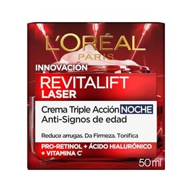 L'Oreal Paris Revitalift Laser Crema de Noche Triple Acción Anti-Edad, Corrige Arrugas, Firmeza, Luminosidad y Unifica el Tono, Pro-Retinol y Vitamina C, 50ml.