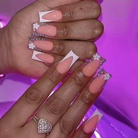 RUOKEXIN Long Press on Nails White French Tip Fake Nails Square False Nails with 3D Flower Designs Sparkly Artificial Nails Long Nail Press ons Cute Stick on Nails for Women 24Pcs