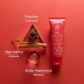 Apivita Bee Sun Safe hydra fresh tinted gel-crema facial SPF50 - Crema solar hidratante no grasa con propóleo, algas marinas y ácido hialurónico - Pro