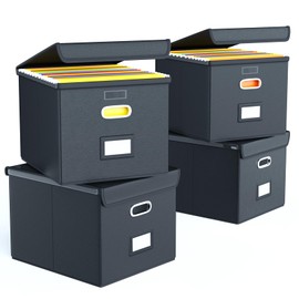 Huolewa Upgraded Portable Leather File Organizer Boxes with Lids, Office Document Boxes Organizer, Filing Boxes, Decorative Small File Boxes for Hanging Files with Plastic Slide for Office/Decor/Home