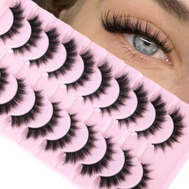False Eyelashes Cat-Eye Look Wispy Lashes 15mm 3D Manga Lashes Natural Look D Curl 10 Pairs Pack Faux Mink Lashes