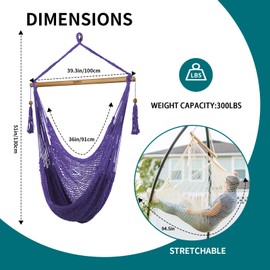 JoyView Hammock Chair with Spreader Bar Caribbean Hammock Swing Chair 300 LBS Weight Capacity XL Rope Hanging Chair for Outdoor Indoor Garden Yard - Purple