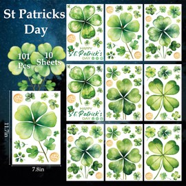 AOWDIAO 10 Sheets Shamrock Window Clings St. Patrick's Day Decorations 101 Pcs Good Luck Shamrock Doubled Sided Window Stickers for Glass