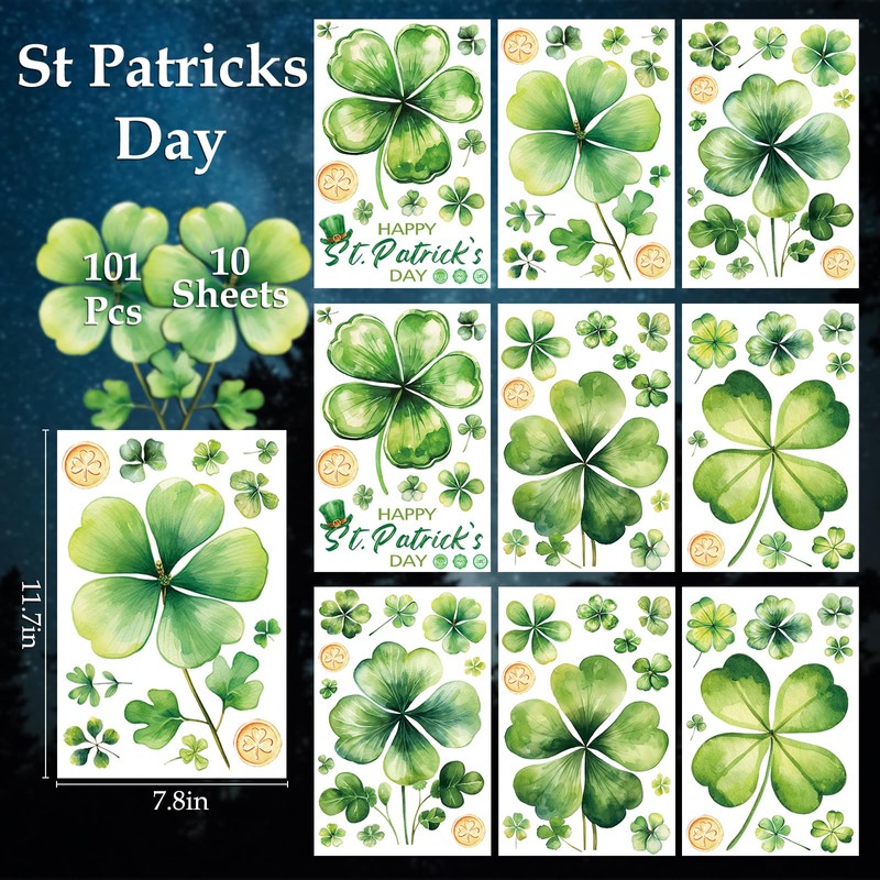 AOWDIAO 10 Sheets Shamrock Window Clings St. Patrick's Day Decorations