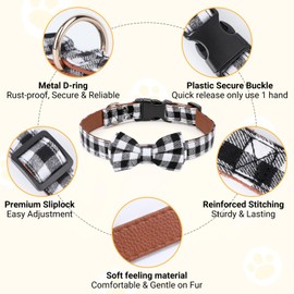 Segarty Dog Bowtie Collar, Cute Black and White Plaid Sturdy Soft Cotton & Leather Dog Collars for Small Medium Large Dogs Breed Puppies Adjustable