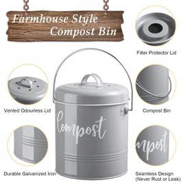DAYYET Gray Compost Bin Kitchen, 1.3 Gallon Farmhouse Kitchen Compost Bin Countertop with Lid and Charcoal Filters, Indoor Compost Bucket for Decor and Accessories