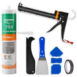 Professional Caulk Gun Kit, White Silicone Sealant + Caulk Gun + Caulking Tool Kit - All-Purpose 100% Silicone Caulk (10 oz Tube), with Caulk Gun, Smoothing Tool, Scraping Tool and Masking Tape