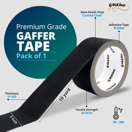 GMKbuy 2 in x 10 Yd Black Gaffers Tape – Heavy Duty, Non-Reflective, Easy to Tear, Waterproof Matte Gaffer Stage Tape – Gaff Cloth Tape for Photography, Filming Backdrop & Production