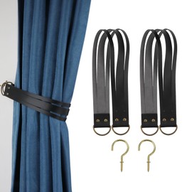 Leather Curtain Tiebacks Curtain Buckle Vintage Curtain Tie Backs Leather Curtain Rod Holder for Home Offic Living Room Bedroom 2 Pcs (Black, Wide)