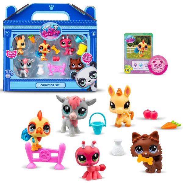 BANDAI Littlest Pet Shop Collectors 5 Pack Barnyard | The Pack Contains 5 LPS Mini Pet Toys 7 Accessories 1 Collector Card And 1 Virtual Code | Collectable Toys For Girls And Boys