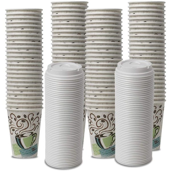 Dixie PerfecTouch WiseSize Coffee Design Insulated Paper Cup, 12oz Cups and Lids Bundle (12 oz, 100 Cups, 100 Lids)