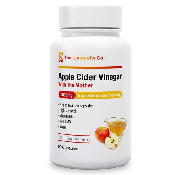 Apple Cider Vinegar with Mother - 2000mg Daily Serving - Super Strength ACV Capsules - Raw Unfiltered and Sourced From Using Red Somerset Apples Rich in Beneficial Enzymes - 90 Vegan Tablets