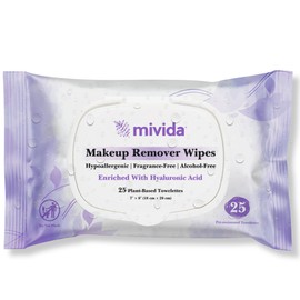 mivida Hypoallergenic Makeup Remover Wipes with Hyaluronic Acid, Dermatologist Tested Alcohol Free & Fragrance Free make up wipes 25 Count