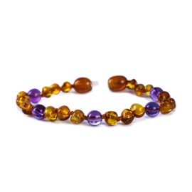Baby J's - Cognac and Amethyst Coloured Bracelet/Anklet - Premium Amber Bracelet - Handcrafted with 100% Baltic Amber - Fitted with a Safety Screw Clasp - Knotted to Prevent Scattering - 13cm