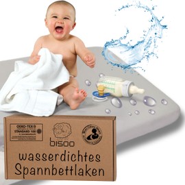 Bisoo 37x80 / 40x80 cm - wasserdichte Spannbettlaken - 2in1 Wasserfester Matratzenschoner Spannbettlaken - Baumwolljersey Zertifikat Oeko-Tex für Kinderwagen Stubenwagen Beistellbett (Grau)