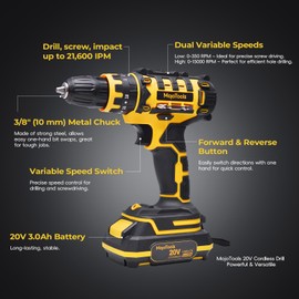 MoJoTools 20V Cordless Drill Set – 1×2.0Ah Battery, 3/8” Keyless Chuck, Variable Speed, 49-Piece Kit with Wood, Masonry, Metal Drill Bits & Screwdriver Bits, Charger & BMC Case