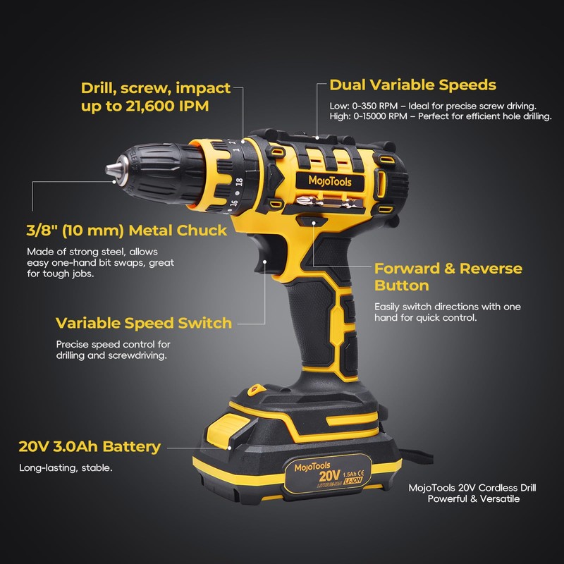 MoJoTools 20V Cordless Drill Set – 1×2.0Ah Battery, 3/8” Keyless